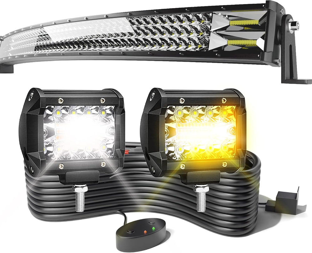 LED Light Bar 3-Row 50Inch Curved+ 2x4'' Amber/White Strobe Pods