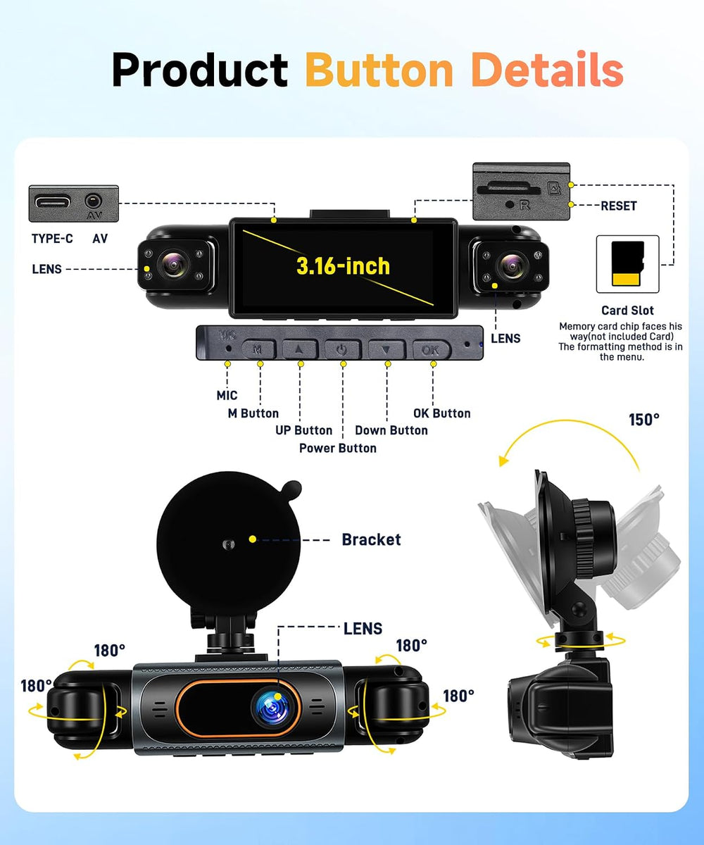 4 Channel 360ยฐ Dash Cam, FHD 1080P Dash Camera Front Rear Left Right Inside