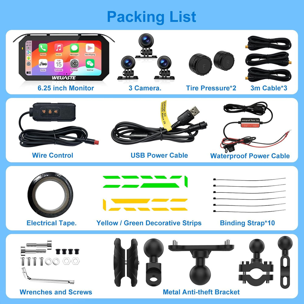 6.25" Motorcycle Carplay Screen with GPS NavigationSystem, Wireless Andr...