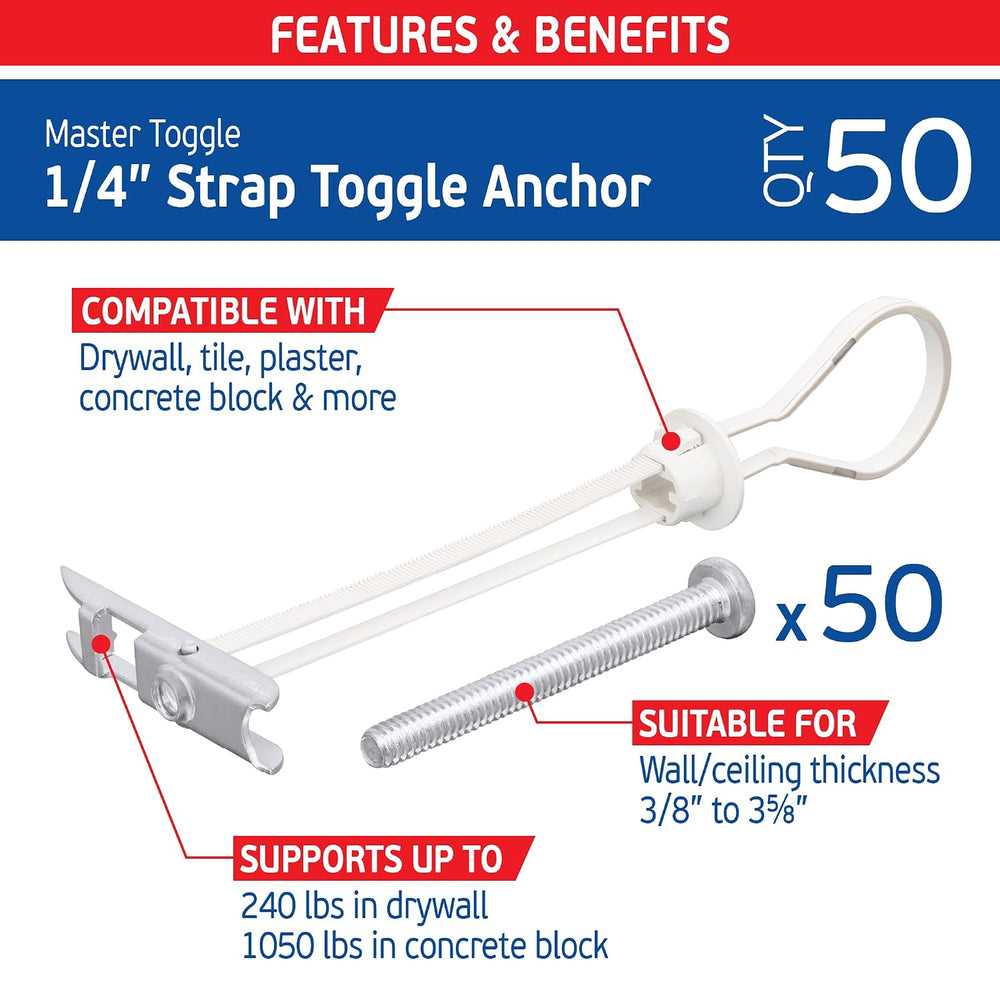 1/4" Heavy Duty Toggle Bolts Strap Drywall Anchors, Wall Anchors for Dry...