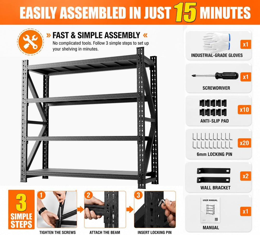 5000LBS Garage Shelving, 71" W Heavy Duty Metal Adjustable 4 Tier Storag...