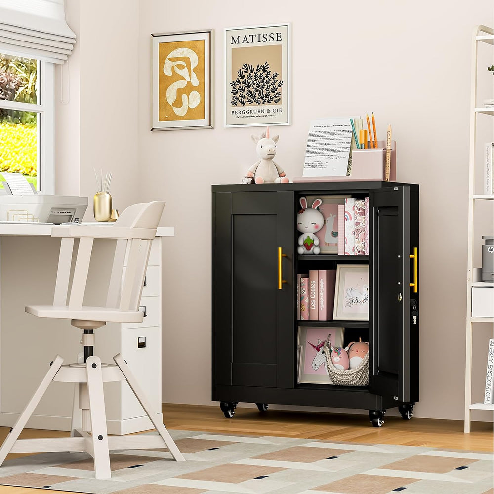 Metal Storage Cabinet with Wheels, 36" Tall Locking Storage Black