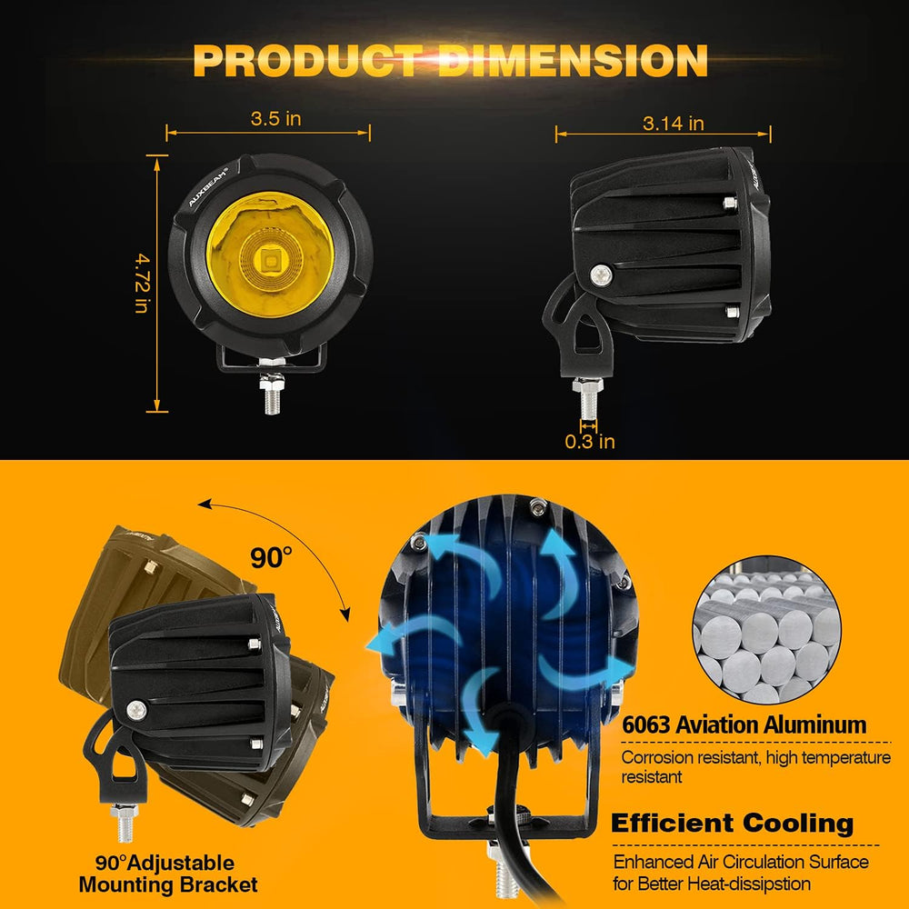 Auxbeam 3.5'' 50W Amber LED Offroad Light 5000LM Round Spot Flood Pod...