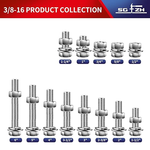 3/8-16 x 5" Hex Head Screw Bolt, Flat & Lock Washers, Fully Threaded...