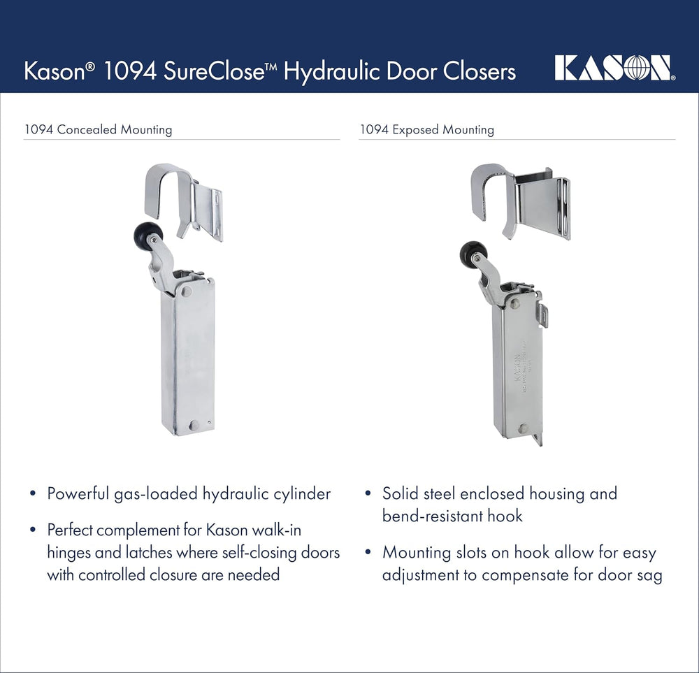 Kason 1094 SureClose Hydraulic Door Closer and Hook, Concealed Mounting, Adju...