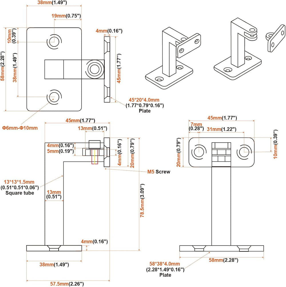RealPlus Swivel Handrail Brackets Heavy Duty Adjustable Square Hand Rail Brac...