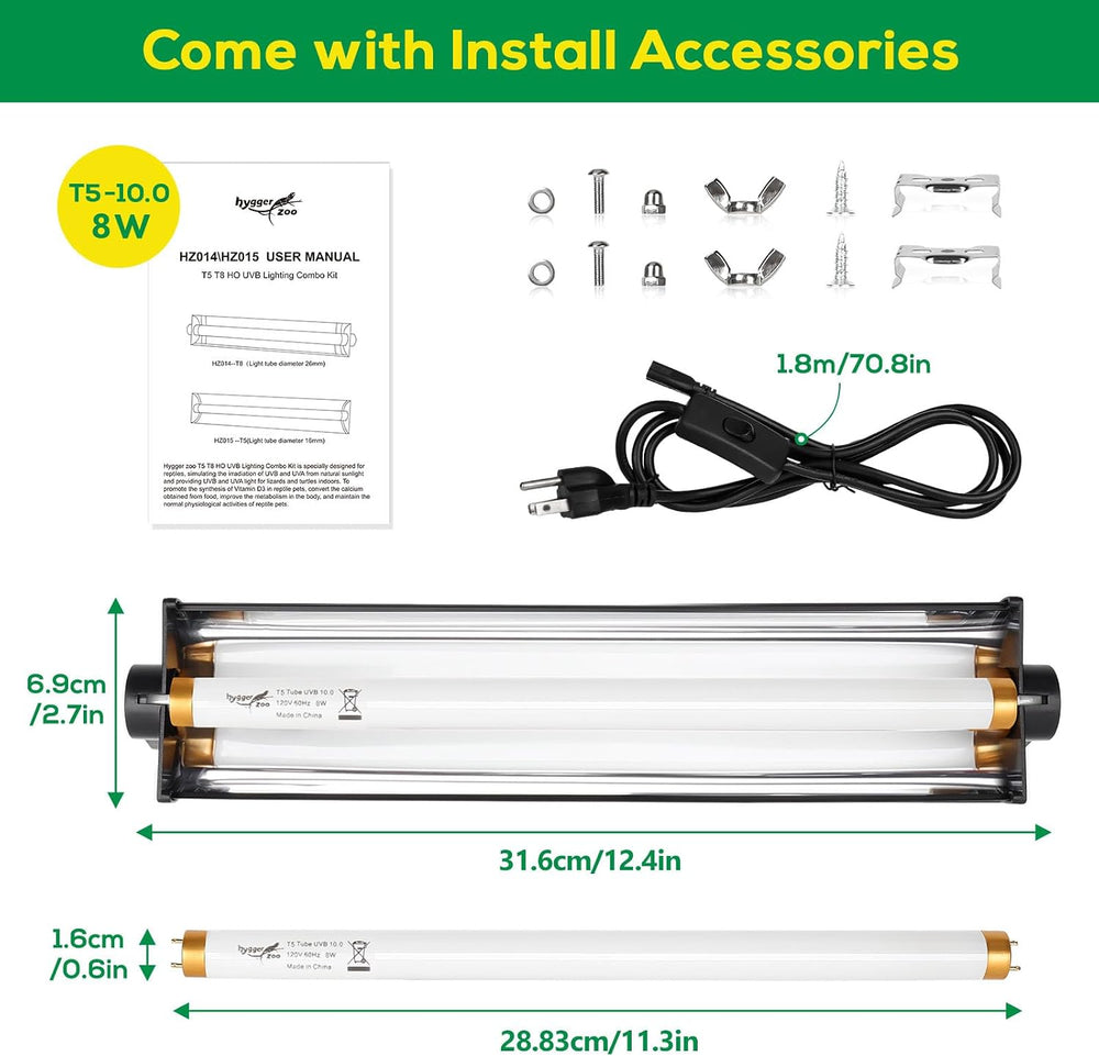 T5 UVB Reptile Light Fixture HO UVB Bulb Lighting Combo Kit, 10.0 UVB Light f...