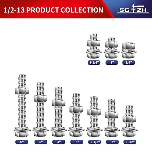 1/2-13 x 6" Hex Head Screw Bolt, Flat & Lock Washers, Fully Threaded...