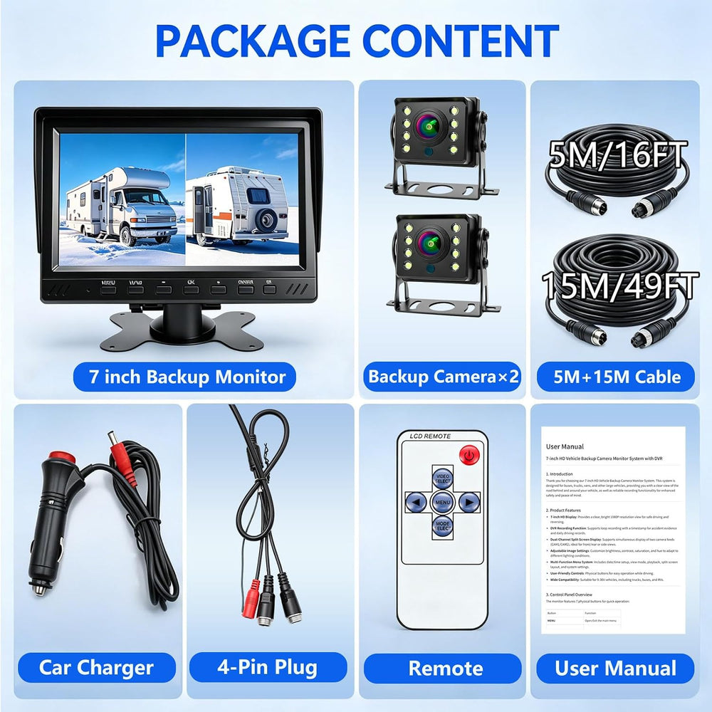 AHD 1080P Truck Camera 7" Monitor 2 Cameras Dash Cam for Semi RV
