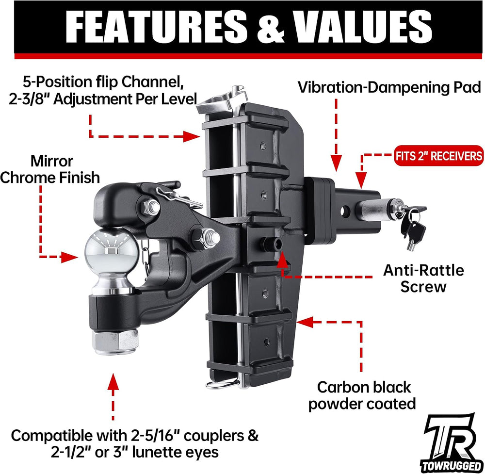 Adjustable Pintle Hitch Combination, 2" Receiver, 2-5/16" Ball