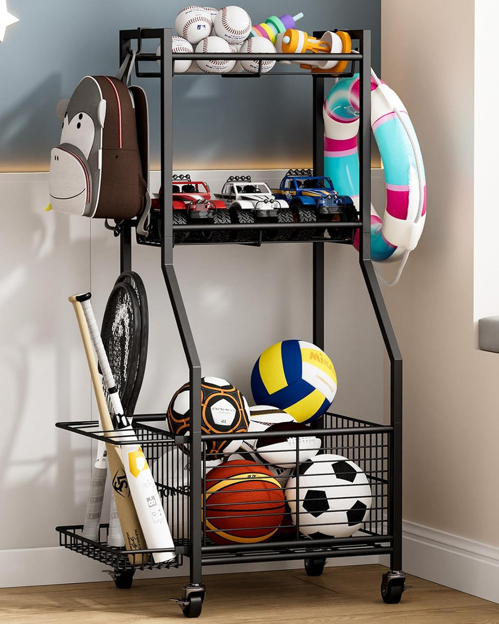 Sports Equipment Storage Rack with Wheels, 3-Tier Ball Organizer