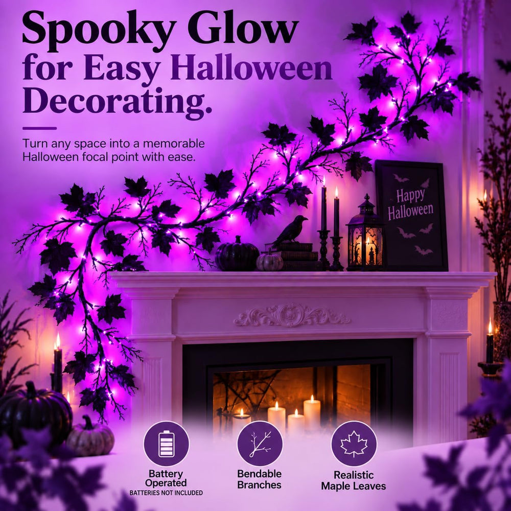 Halloween Garland with Purple Lights, 9 FT Black Maple Leaves, 72 LEDs