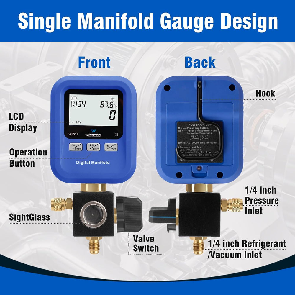 WISSCOOL Digital Manifold Gauge HVAC, R454B,R134A,R410a,R1234yf