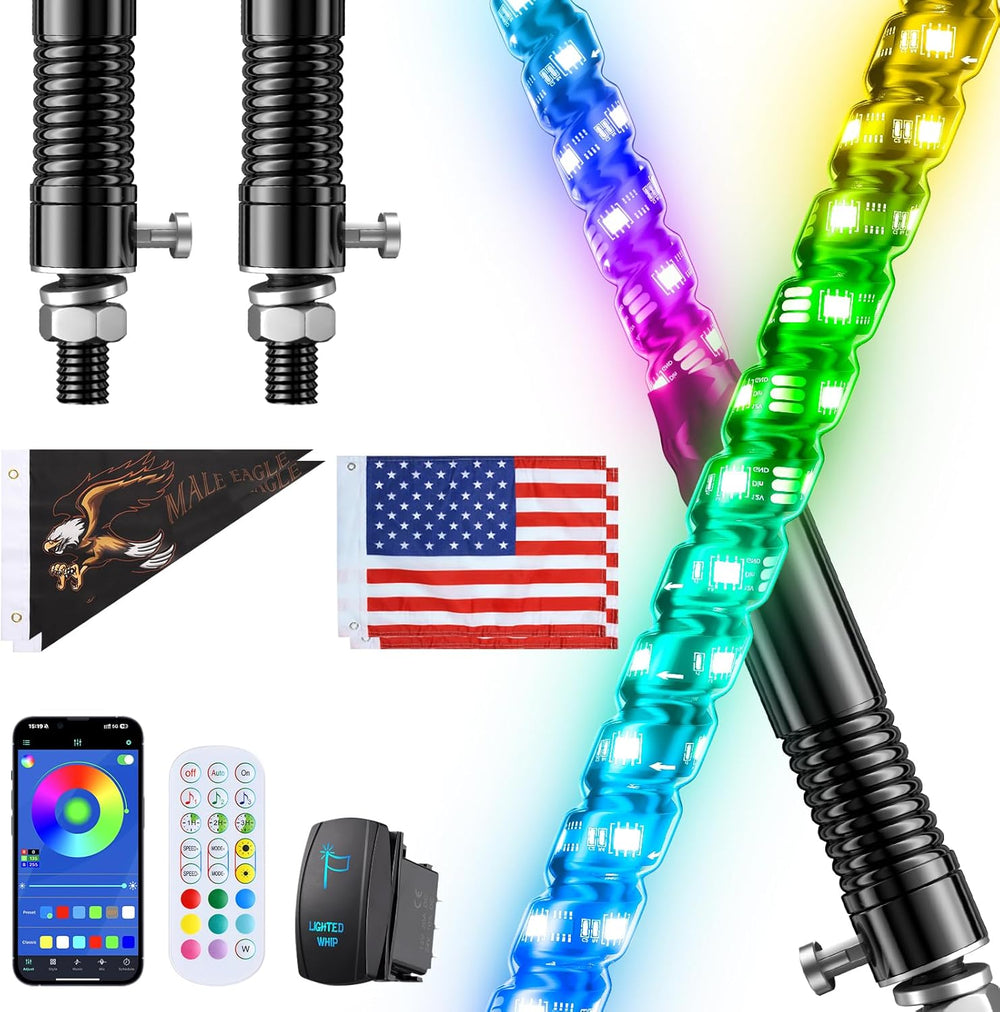 Ehaho 2 PCS 3FT Whip Lights with Spring Base, APP & Remote Control Led Wh...