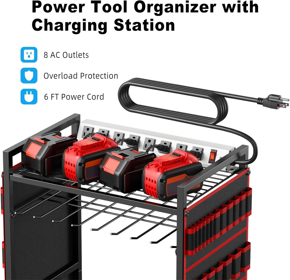 Power Tool Organizer Cart with Charging Station, 6 FT Cord, Red