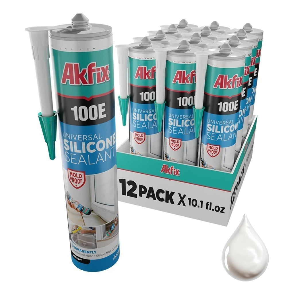 Akfix 100E RTV White Silicone Caulk (12x10.1 fl.oz.) - 100% Waterproof Silico...