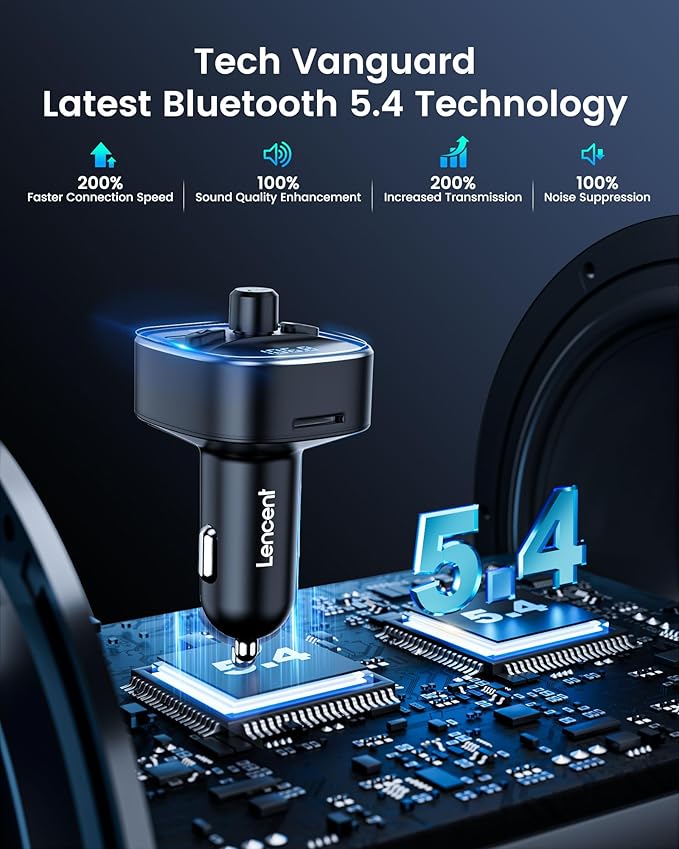 LENCENT Bluetooth 5.4 FM Transmitter Car Adapter 48W Wireless Radio Music