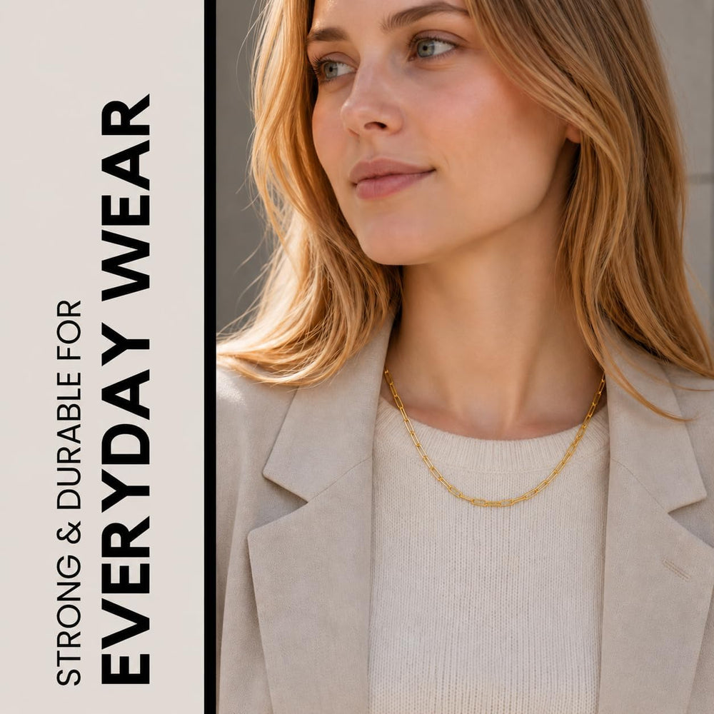 KISPER Paperclip Chain Necklace for Women 14K Gold Plated Stainless Steel