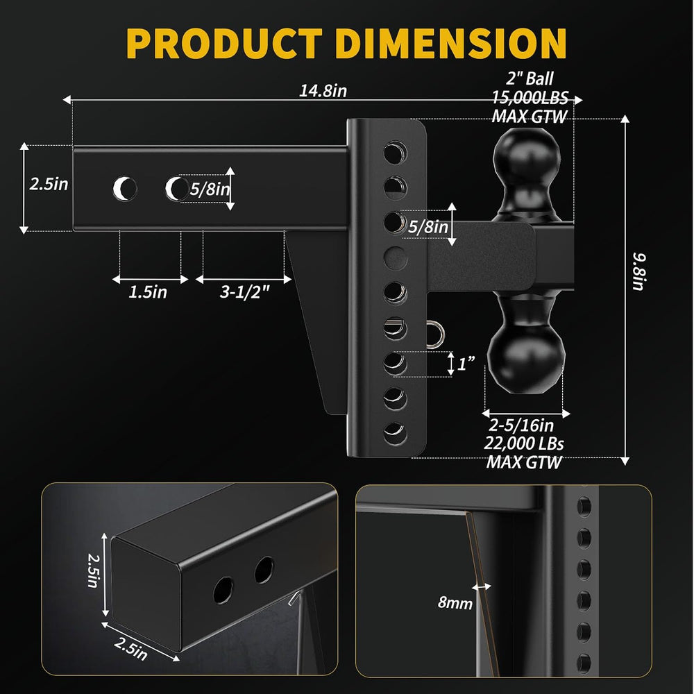Adjustable Trailer Hitch for 2.5" Receiver,Heavy Duty 6" Drop Tow H...