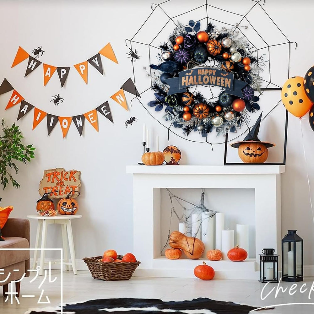 24โ Halloween Black Glitter Pumpkin with Balls Wreath for Front Door