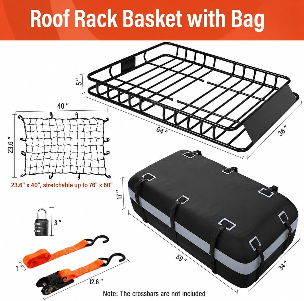 Adjustable Roof Rack Basket 45"-64" x 36" x 5" with 20 Cu...