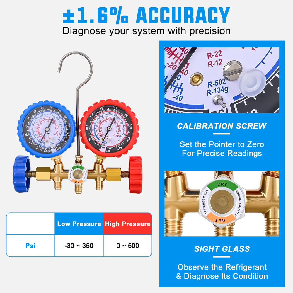 Nilight 3-Way A/C Manifold Gauge Set for R134a R12 R22 R502 w/Portable Box