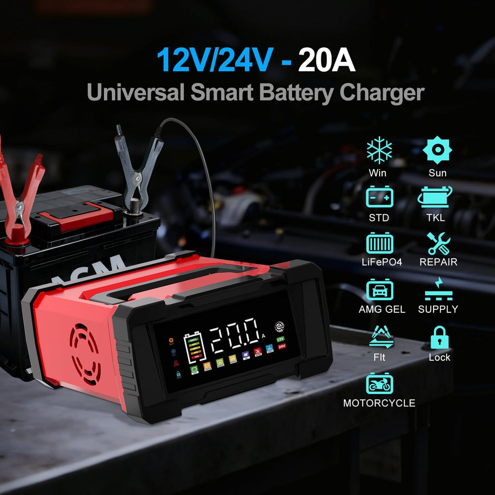Battery Charger 20-Amp 12V/24V Smart Trickle Charger for Car - Battery Mainta...