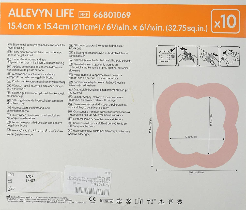 Smith+Nephew ALLEVYN Life Wound Dressing, 6" in X 6" in Box of 10