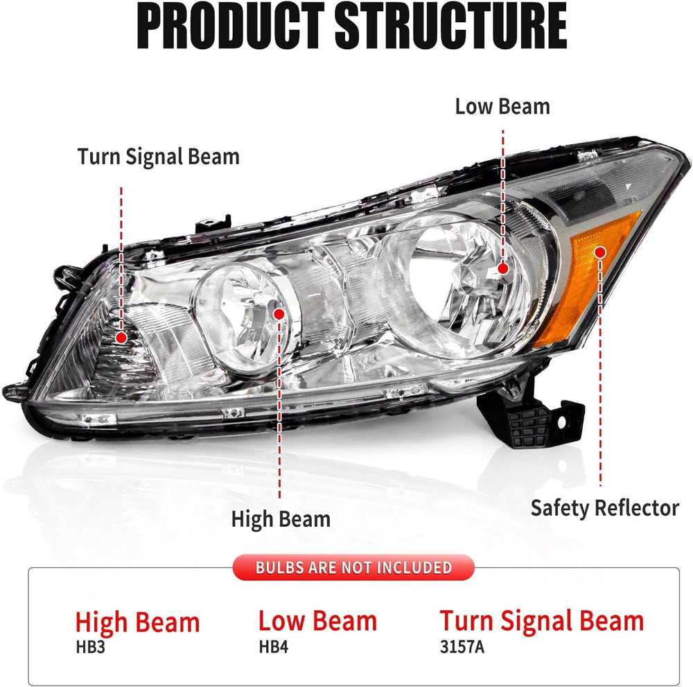 AS Headlight Assembly for 2008 2009 2010 2011 2012 Accord 4dr Sedan Headlamps...