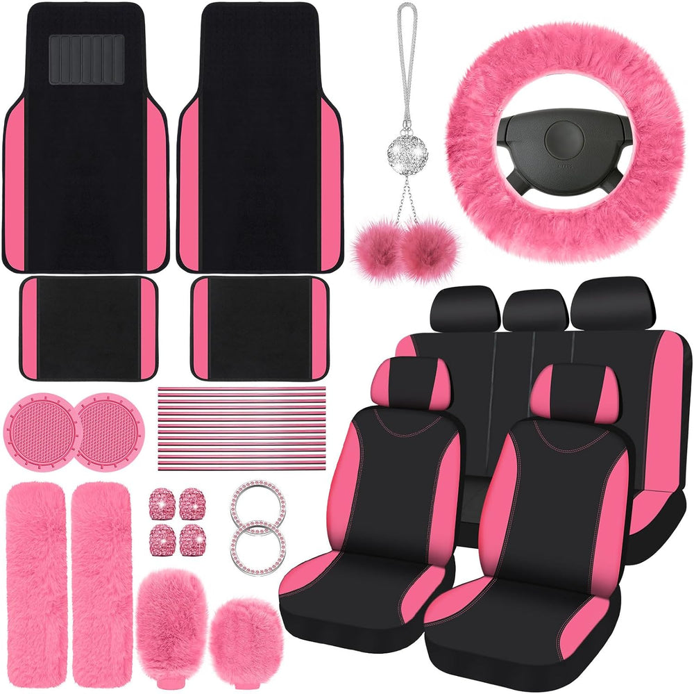 Woanger 47 Car Seat Cover Full Set Car Accessories for Women, Pink Black