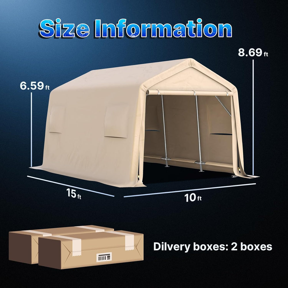 10X15 ft Garage Shelter Steel Metal Peak Roof Portable Storage Shed Carports ...