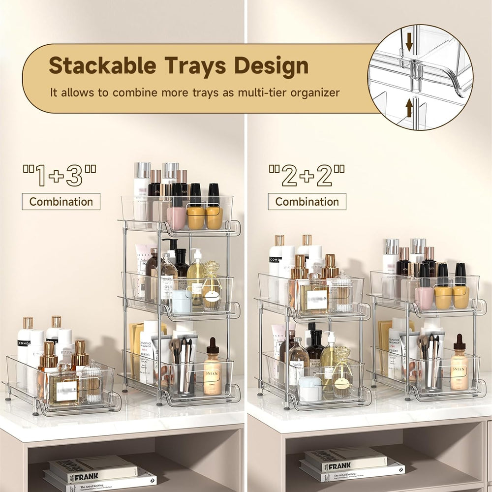 2-Tier Bathroom Organizer with Dividers, Clear Under Sink and Pull-Out Cabine...