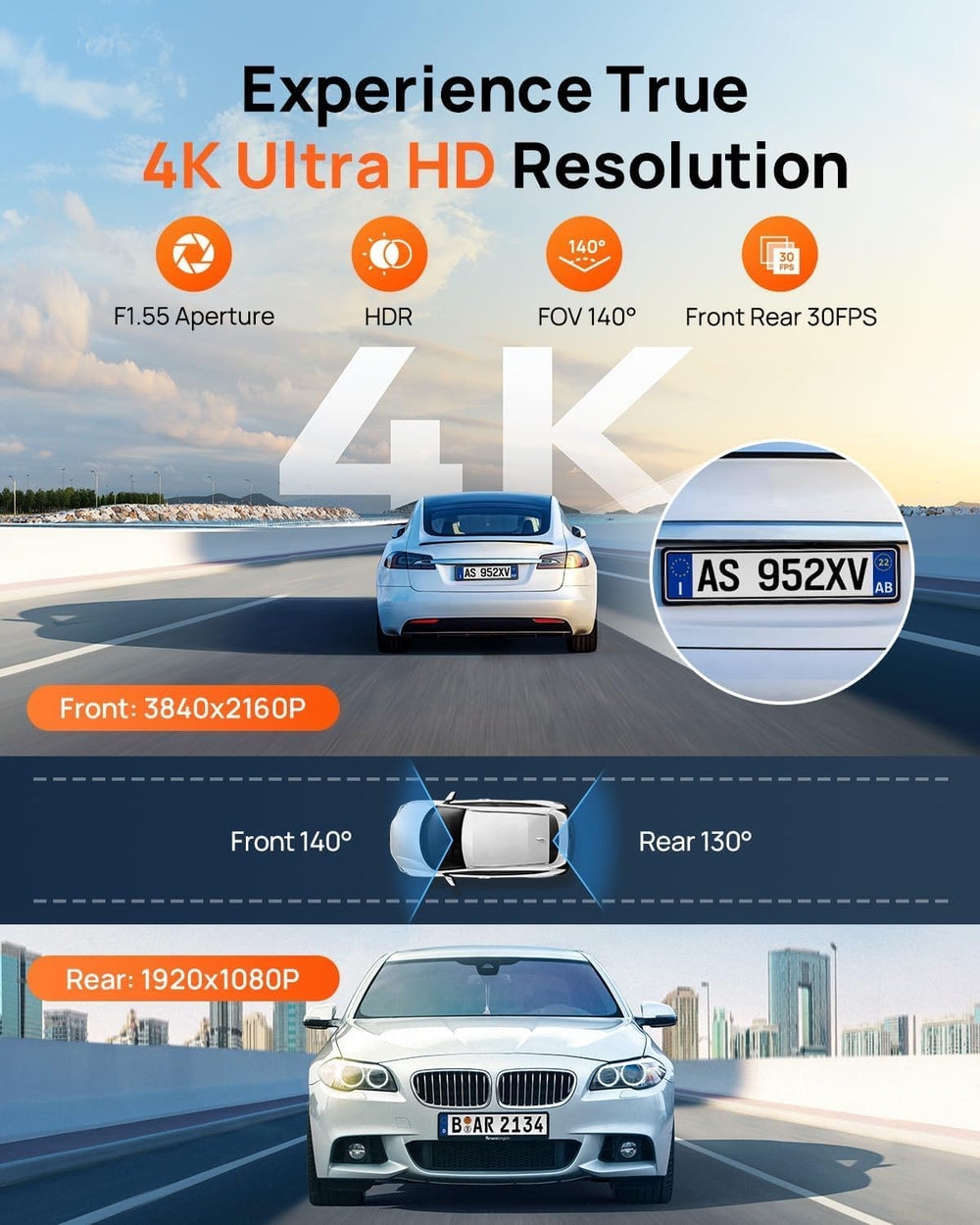 70mai 4K Dash Cam Front and Rear, Built in Wi-Fi 6 & GPS Car Camera, Supe...