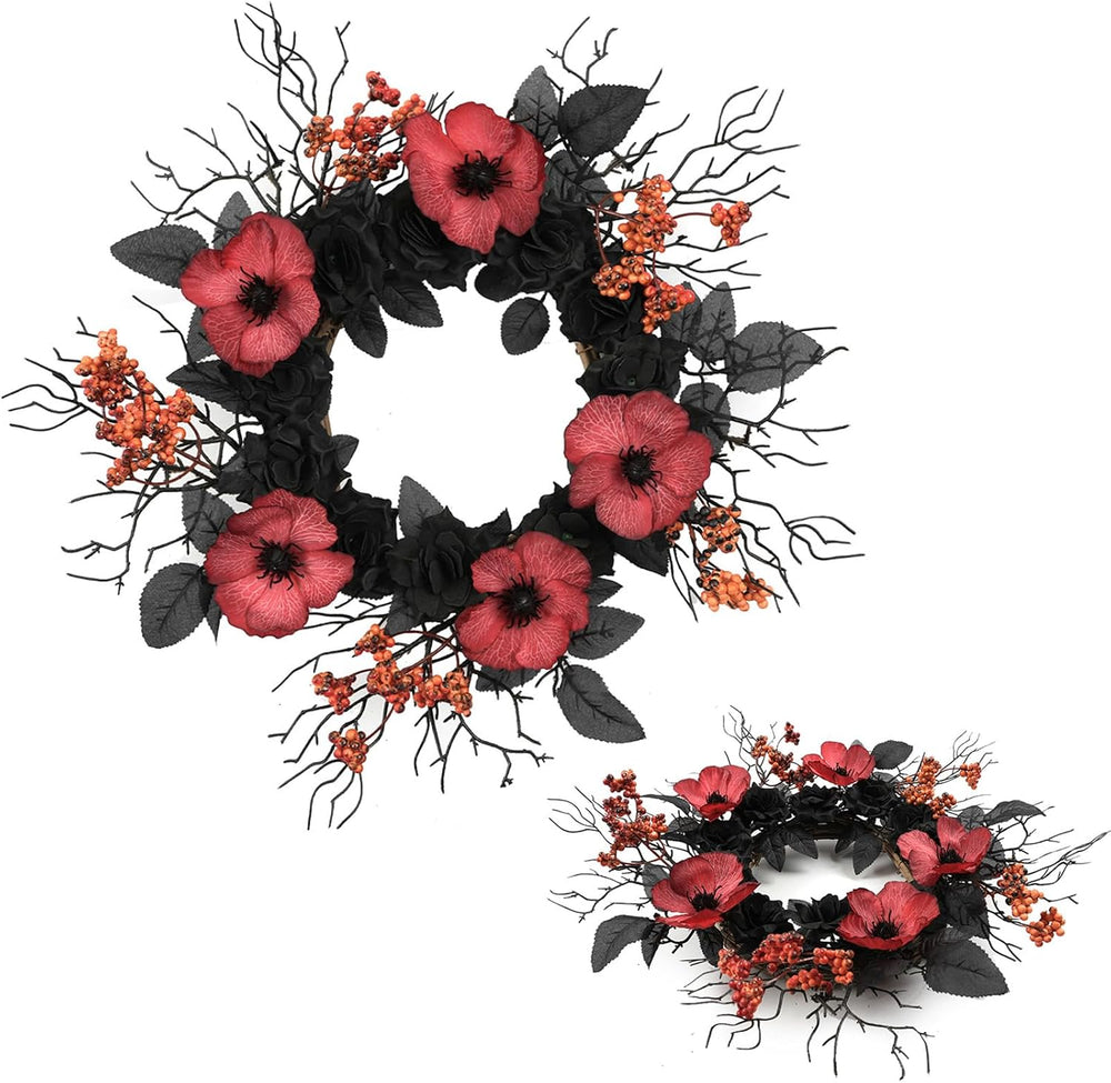 TEMPUS Halloween Wreath Set, 18 Inch, Black Rose and Poppy Berry, Handmade, f...
