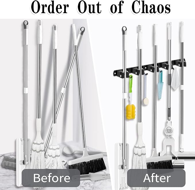 AceMining 2 Pack Black 5 Racks and 4 Hooks Mop and Broom Holder Wall Mount