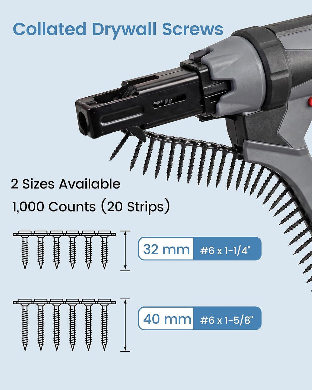 meite Collated Drywall Screw #6 x 1-1/4 inch Coarse Thread Drywall to Wood Sc...