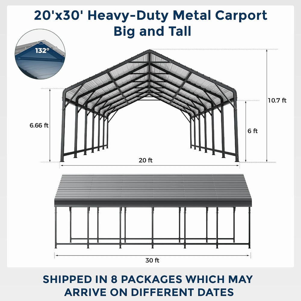 HOMSHADE 20x30FT Heavy Duty Metal Carport with 132ยฐSteep Anti-Pooling Roof