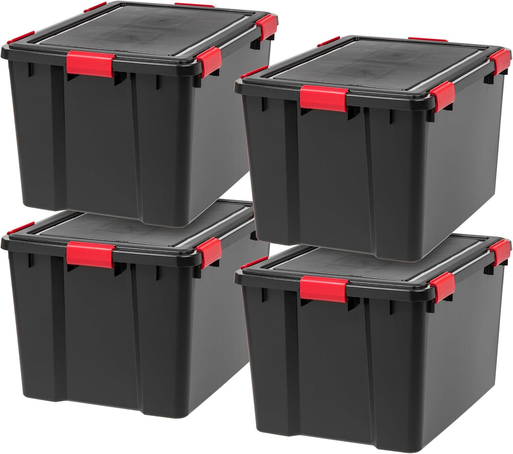 IRIS USA 4-Pack 74 Qt Storage Bins with Gasket Lids, Black/Red