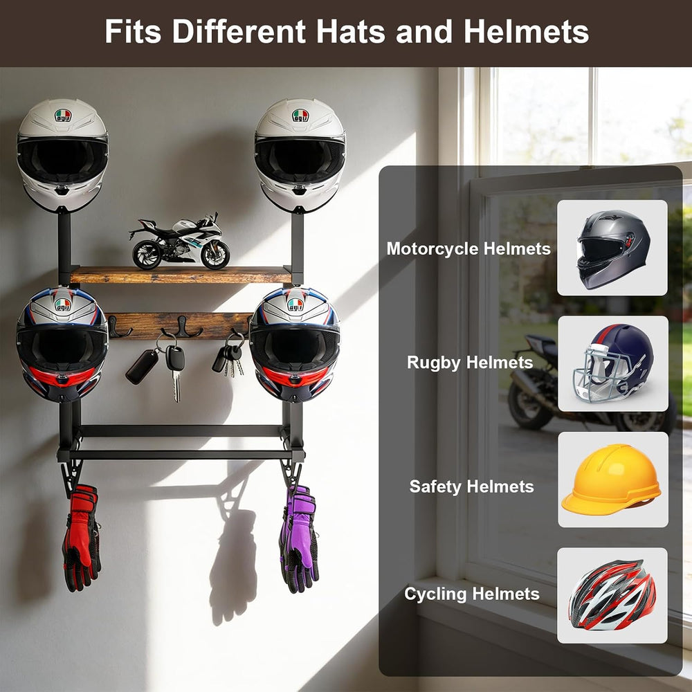Motorcycle Helmet Holder Wall Mount, 4-Helmet Capacity Rack Accessories