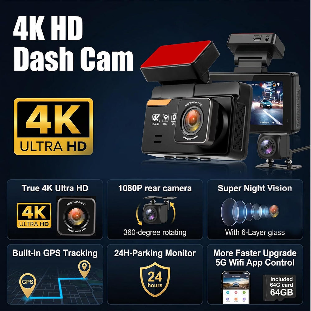 4K Dash Cam Front and Rear, GPS, ADAS, Built-in WiFi, Free 64G Card