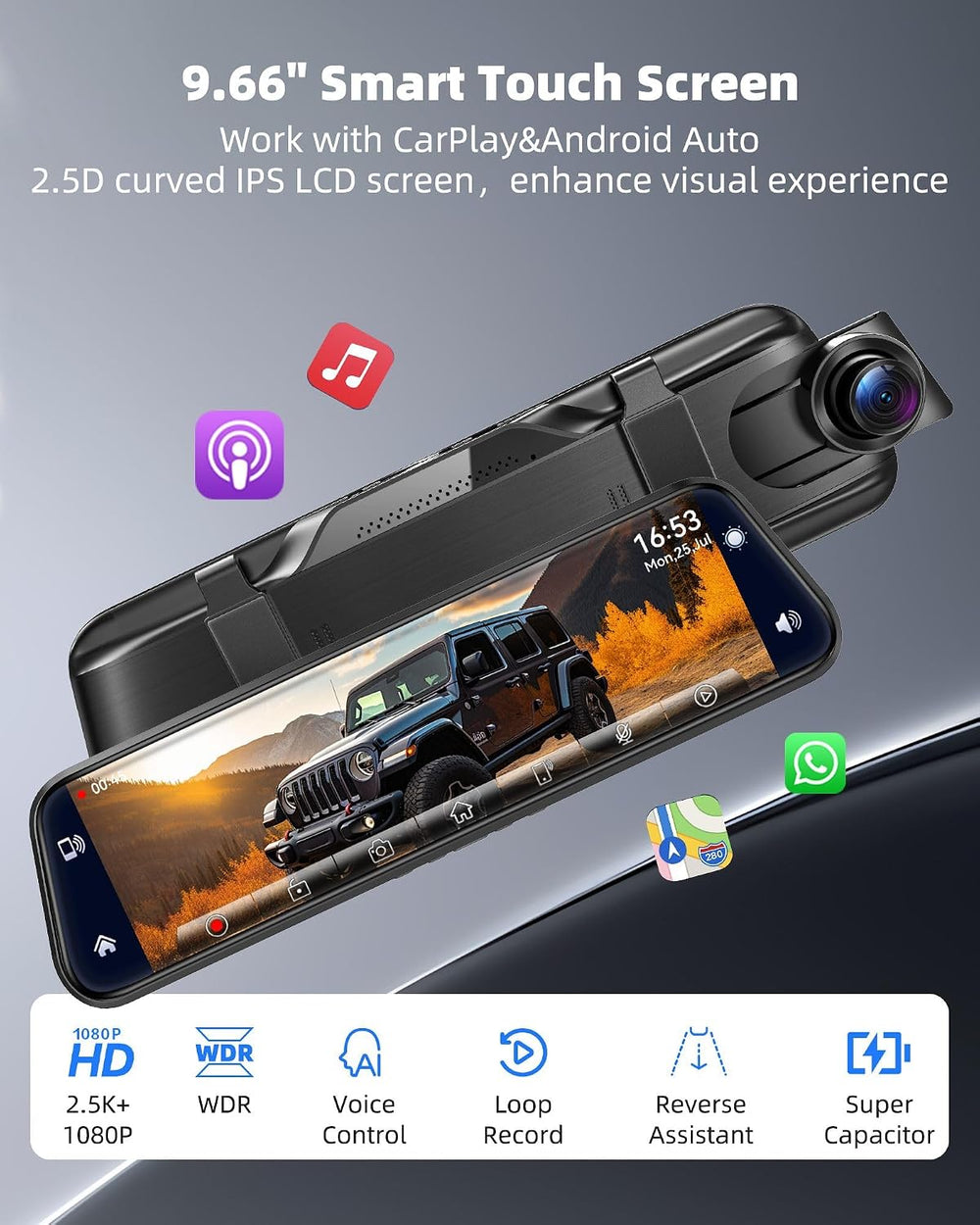 10" Mirror Dash Cam with Android Auto&Carplay 2.5K Rear View Mirror ...