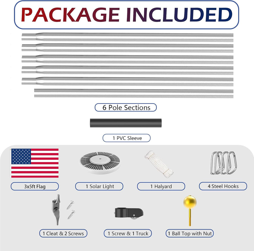 Heavy Duty Flag Pole Kit with 136 LED Ultra Bright Solar Light, 25FT 12 Gauge...