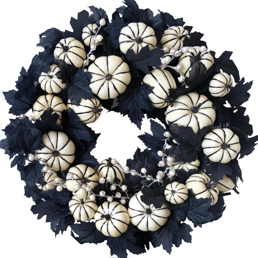 22inch Halloween Wreath Black Maple Leaf Wreaths White Pumpkin Wreath Holiday...