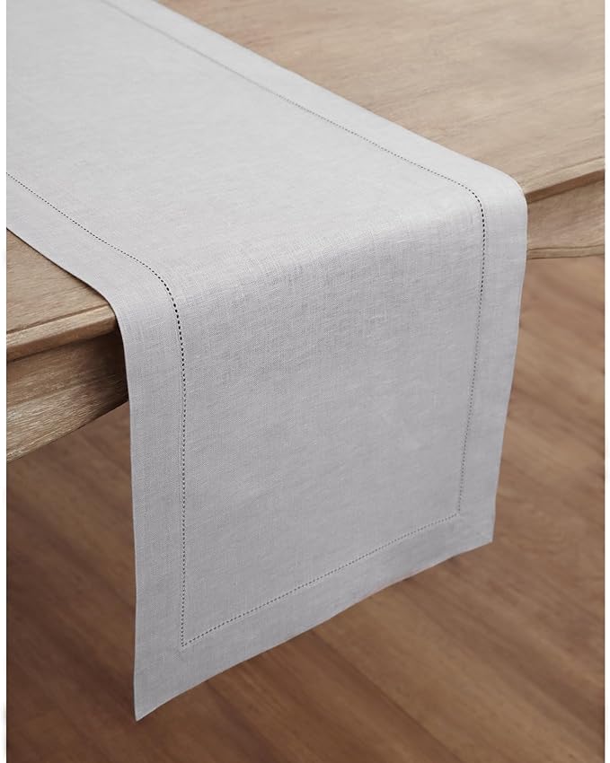 Solino Home Linen Soft Grey Table Runner 72 Inches Long - 100% Pure Linen Hem...