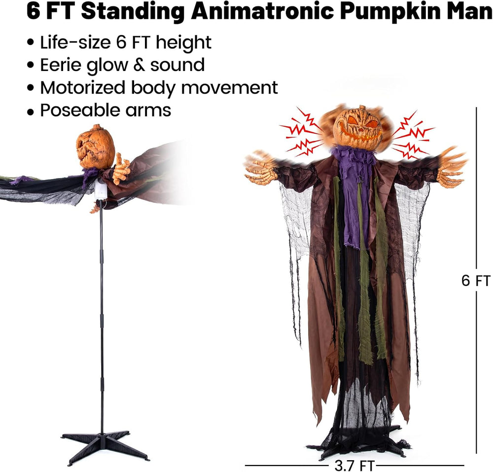6FT Life-Size Standing Halloween Pumpkin Animatronic with Lights & Sounds