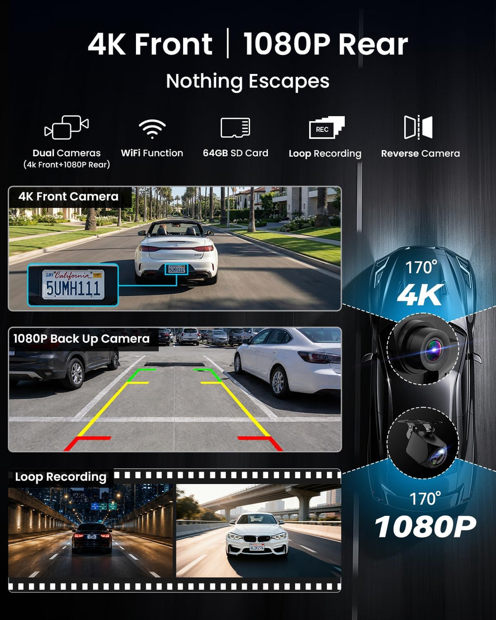 11'' Wireless CarPlay Screen with 4K Dash Cam, HD Touchscreen