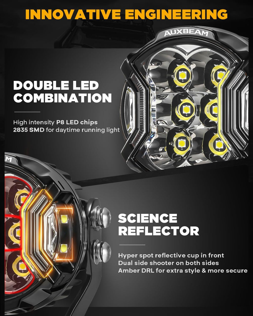 Auxbeam V-Ultra Series 3-Inch Round LED Pods Amber DRL Offroad Lights
