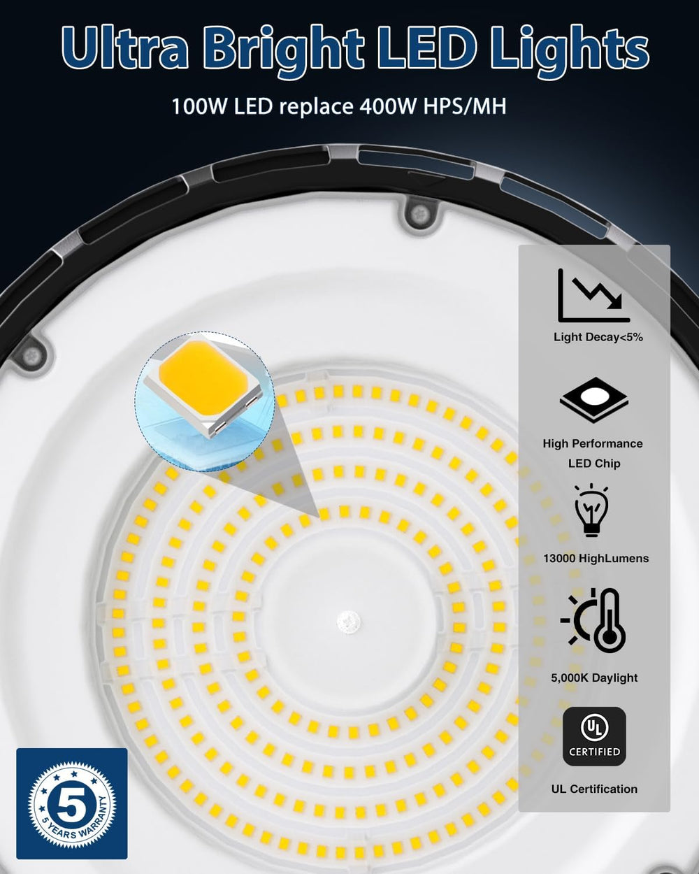 100W UFO LED High Bay Light, Aluminum LED Shop Lights with 13000LM