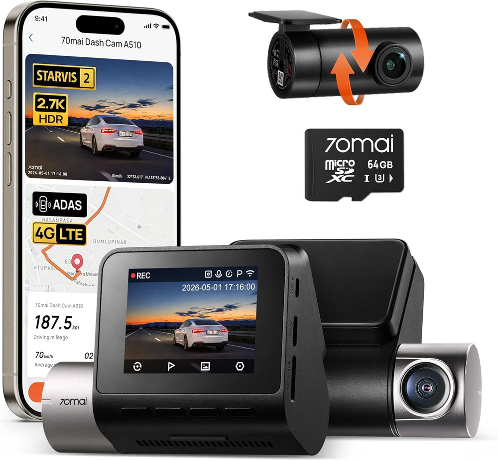 70mai 2.7K Dash Cam Front and Rear, IMX675 and 64GB Card, ,WiFi GPS