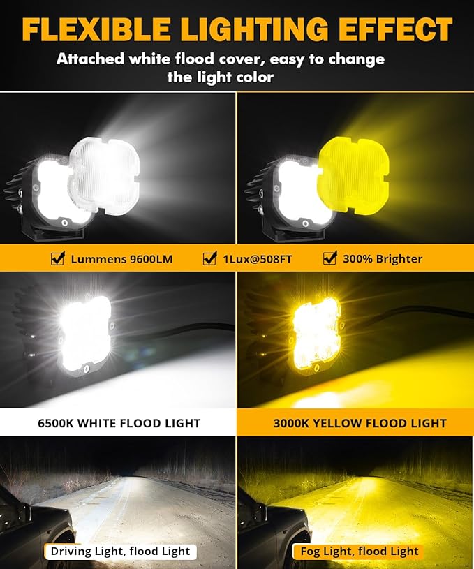 Auxbeam XP-Ultra Series 3 Inch Flood Beam LED Pods, 9600LM White Offroad